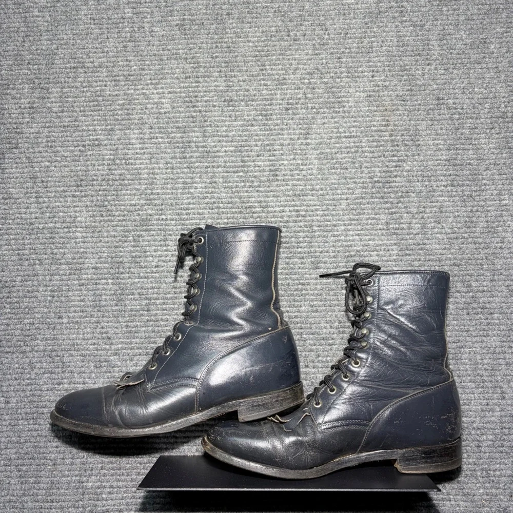 Vintage Justin Boots Mens 9 D Style 504 Black Leather Kiltie Packer Lacer USA